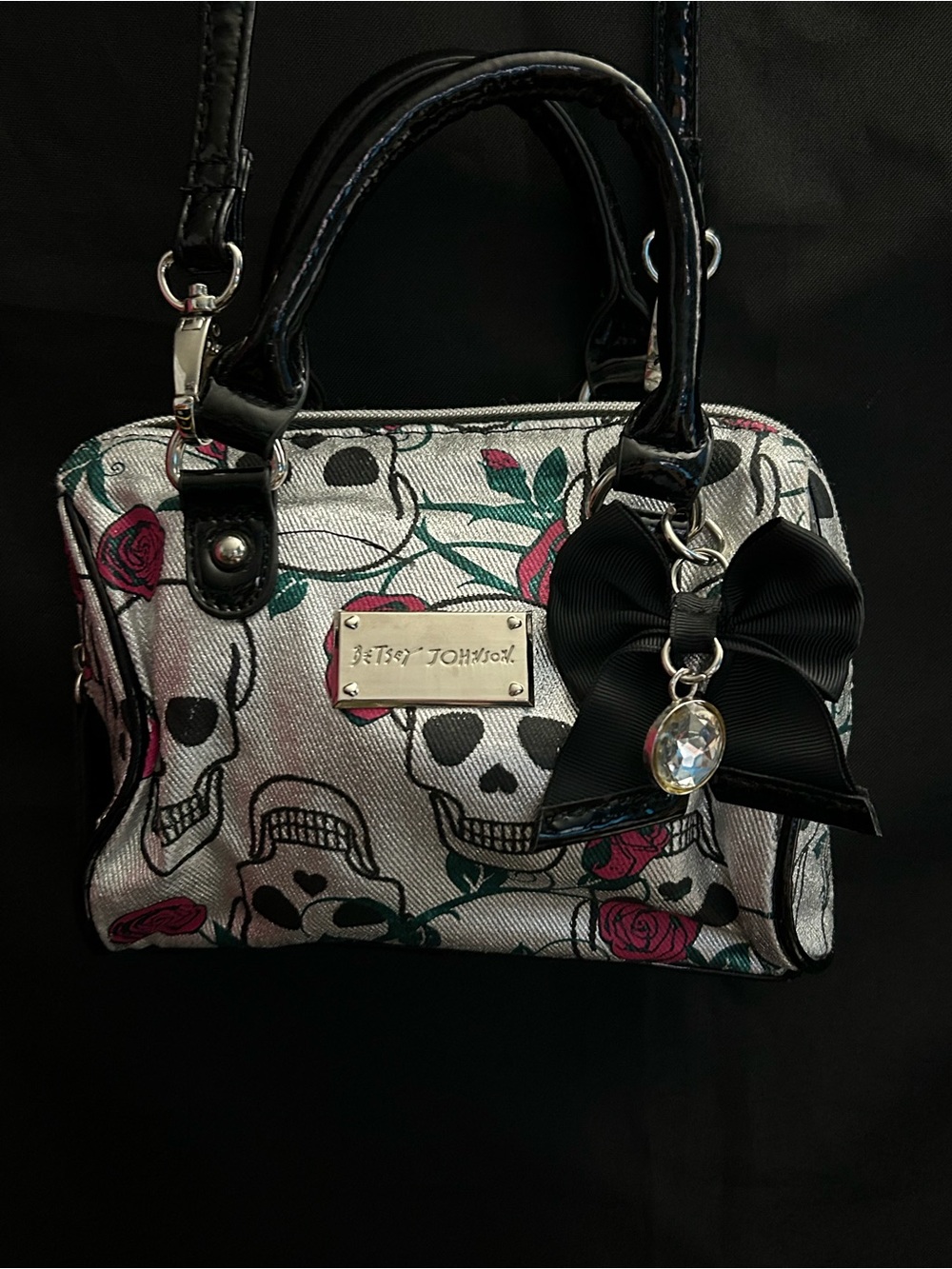 Betsey Johnson Silver Skull & Rose Satchel with Black Bow Charm